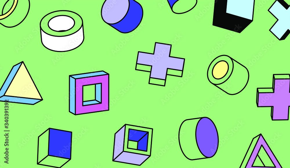 Poster set of simple geometic 3d elements in bauhaus neo-memphis retro style, colored in punchy pastel colo