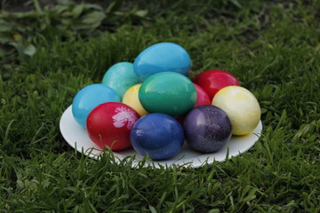 Fototapeta na wymiar Easter eggs on a white plate
