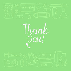 Thank you postcard. Hand drawn green poster. Stock vector illustration.