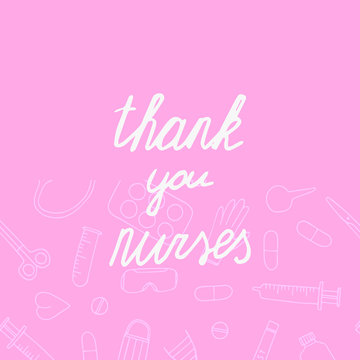 Thank you nurses postcard. Hand drawn pink poster. Stock vector illustration.