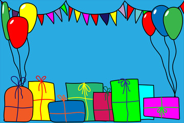 Holiday background with hand drawn flags and presents and baloons on blue background. Vector illustration