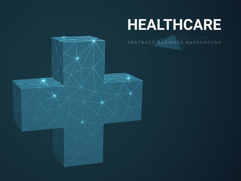 Abstract modern business background vector depicting healthcare concept with polygonal medical cross on dark blue background