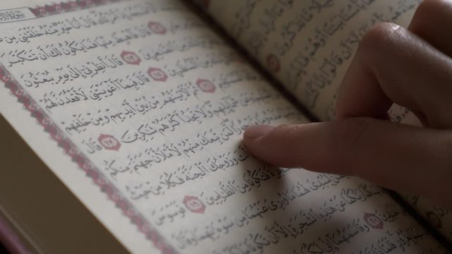 Close up shot of a Quran and a female person tracing the verses in the Quran with her finger