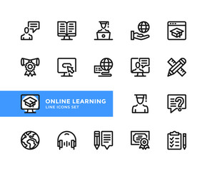 Online learning vector line icons. Simple set of outline symbols, graphic design elements. Pixel Perfect