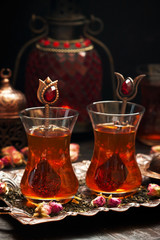 Traditionally served Turkish tea on copper tray