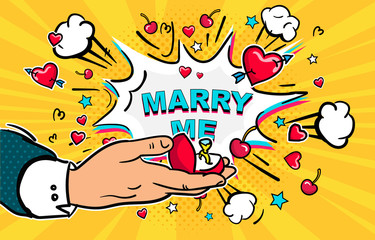 Man opening box with a ring to make an offer - marry me concept. Pop Art comics icon 