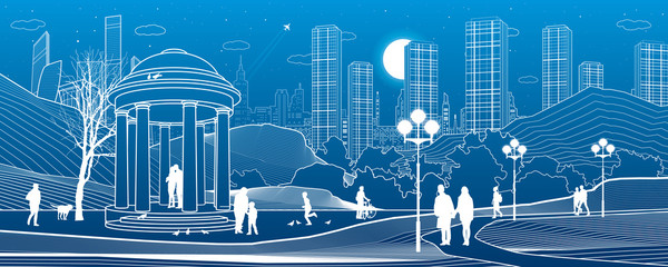 Illustration of urban rest in the park. Garden house. Relaxation infrastructure. Evening city scene. People walking. White lines on blue background. Vector design art