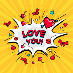 Pop Art comics icon "Love You!". Speech Bubble Vector illustration. Hearts in comics style.