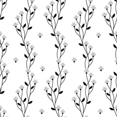 Seamless pattern with gray forest flowers on white background.