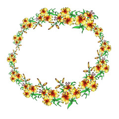 Floral arrangement in the form of a frame or frame for business cards, logos and cards. Lily flowers with whole stems on a white background 