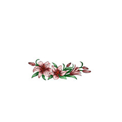 Floral arrangement in the form of a frame or frame for business cards, logos and cards. Lily flowers with whole stems on a white background 