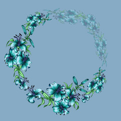 Floral arrangement in the form of a frame or frame for business cards, logos and cards. Lily flowers with whole stems on a white background 