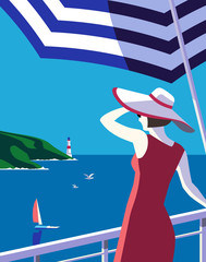 Female on balcony enjoys seaside landscape © lana_samcorp