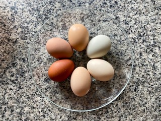 A bowl of beautiful eggs in natural assorted shades.
