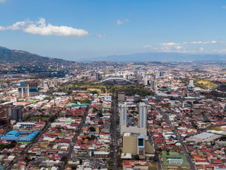 Beautiful aerial view of the city of San Jose with view of the Sabana Park and the Stadium.