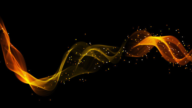 Abstract Dark Background With Fire Or Gold Curves. Light Line Gold Swirl Effect. Vector Glitter Light Fire Flare With Sparkling Particles On Black Background. Magic Sparkle Swirl Magic Effect.