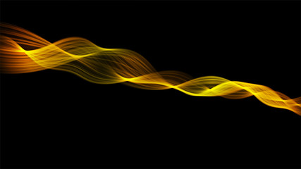 Abstract dark background with fire or gold curves. Light line gold swirl effect. Vector glitter light fire flare with sparkling particles on black background. Magic sparkle swirl magic effect.