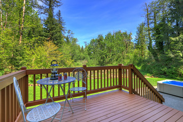 SImple wooden deck with metal chairs and table overlooking wild nature Northwest forest and swamp land.