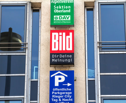 Munich, Bavaria, Germany : German Bild newspaper logo on the wall of a building