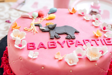 Baby Shower Birthday Cake in pink for a girl with elephant decoration