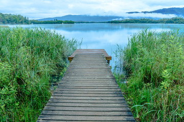 Wooden pier at the Lake of Banyoles (Estany de Banyoles, Catalonia, Spain)