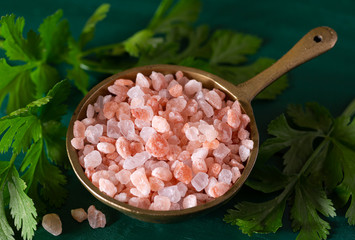Pink Himalayan Salt with Fresh Cilantro in an antique container