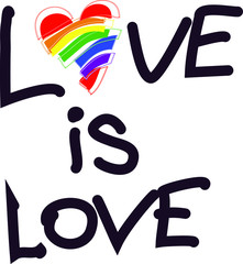 Love is love lettering  heart with rainbow. Heart rainbow LGBT flag instead of the letter O. Vector