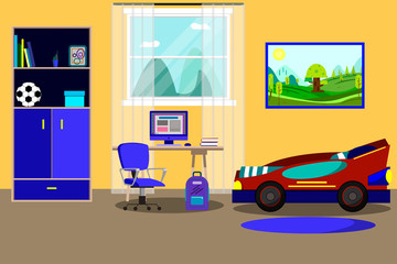 Bedroom interior with a furniture and workplace including desk,computer, bed and cupboard. Vector illustration in flat style