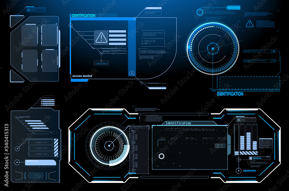 Poster HUD UI GUI futuristic user interface screen elements set. High tech screen for video game. Sci-fi concept design. Square Frames Blocks Set HUD Interface Elements. Futuristic warning frame