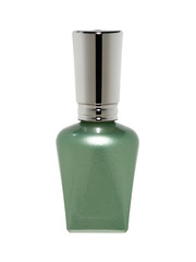 Green nail polish bottle on white background