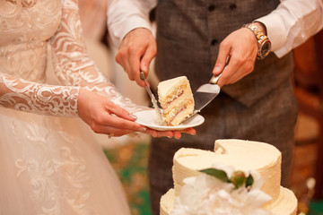 Bride and groom cut wedding cake