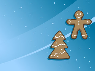 Blue vector Christmas background with falling snow and cookies (spruce tree and smiling gingerbread man) with icing. Drawn in a cute style with simple lines.