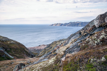 Fototapeta na wymiar The picturesque coast of the Barents Sea. The nature of the Kola Peninsula in the summer.