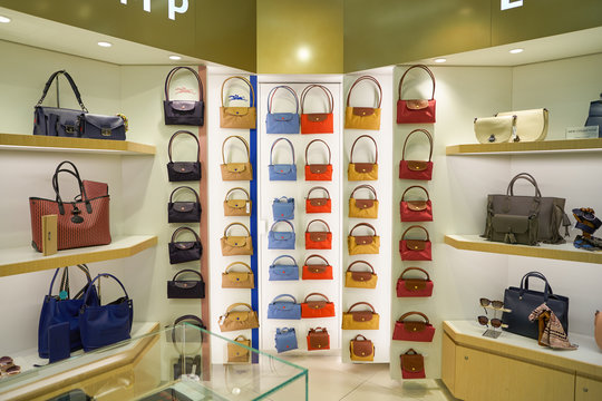 VIENNA, AUSTRIA - CIRCA MAY, 2019: goods on display at Longchamp store in Vienna International Airport.