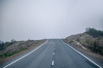 Road to nowhere in the fog. The roads of the Kola Peninsula.