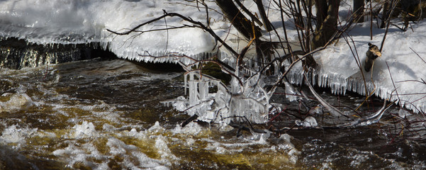Glace en bordure d'une rivière au printemps au Canada, Québec