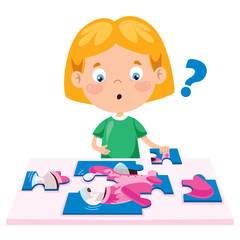 Kid Playing Colorful Jigsaw Puzzle