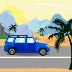A trip to the mountains by car on a warm summer evening. Vector illustration
