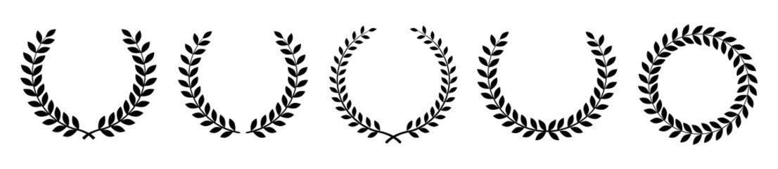 Laurel wreath of victory icon. Set black silhouette circular laurel foliate, wheat and oak wreaths depicting an award, achievement, heraldry, nobility. Emblem floral greek branch flat style © dlyastokiv