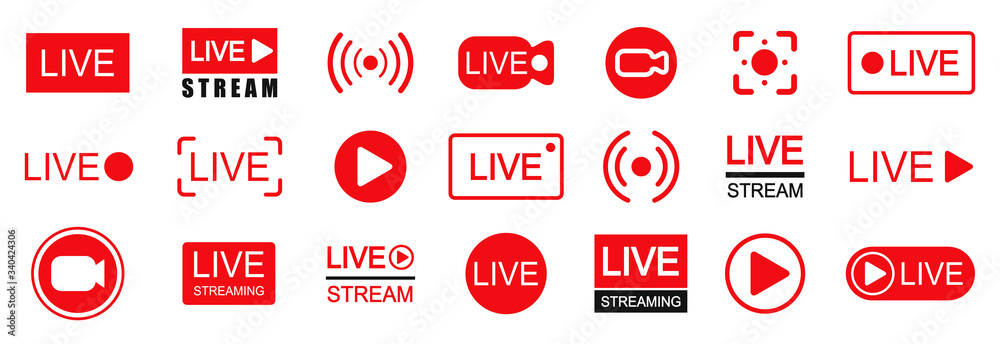 Poster Set of live streaming icons. Set of video broadcasting and live streaming icon. Button, red symbols for TV, news, movies, shows - stock vector