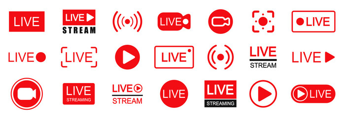 Set of live streaming icons. Set of video broadcasting and live streaming icon. Button, red symbols for TV, news, movies, shows - stock vector