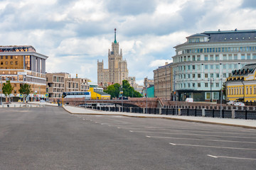 Fototapeta premium Moscow. Russia. Stalin's high-rises in the Russian capital. Seven sisters. High-rise building on Kotelnicheskaya embankment. A Soviet-era skyscraper. Architecture of the Russian capital.