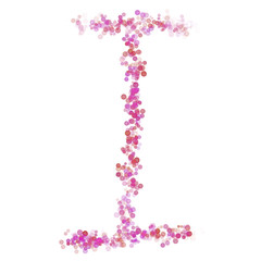 Letter I latin alphabet. Pink dot circles, shades of pink lilac. Lettering bubbles circles, hand drawing letter font. Beautiful color stylized type for design