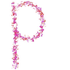 Letter P latin alphabet. Pink dot circles, shades of pink lilac. Lettering bubbles circles, hand drawing letter font. Beautiful color stylized type for design