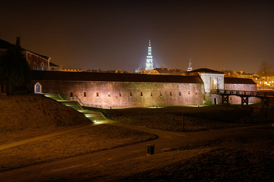 Night view of the fortifications of the Zamosc fortress (southeastern Poland). UNESCO World Heritage Site.  In the past one of the biggest fortresses of the Polish-Lithuanian Commonwealth.