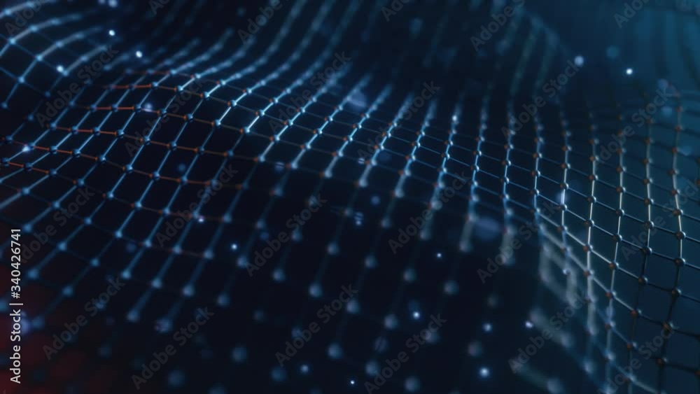 Poster abstract mesh with wave motion and depth of field. connected data nodes. artificial intelligence. vi