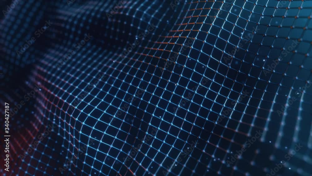 Poster abstract mesh with wave motion and depth of field. connected data nodes. artificial intelligence. vi
