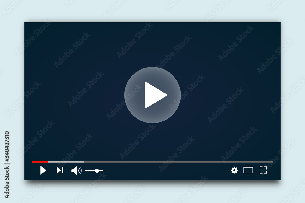 Poster Desktop web video player. Multimedia player social media, play video online window with navigation icons, modern social media video player interface template for web and mobile apps – for stock vector