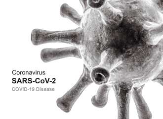 COVID-19 coronavirus banner, 3d illustration, inscription and corona virus isolated on white background. Concept of novel SARS-CoV-2 coronavirus outbreak.