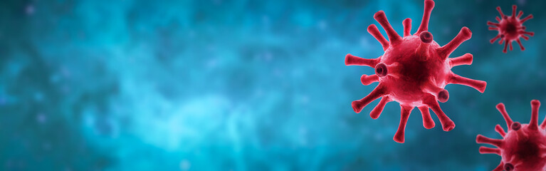 Coronavirus panoramic background for web header, 3d illustration, novel SARS-CoV-2 coronavirus pathogen under microscope in cell.